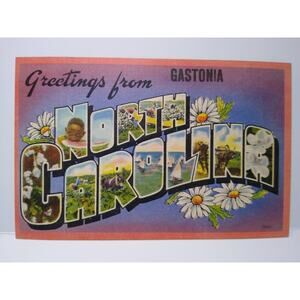 Greetings From Gastonia North Carolina Large Big Letter Linen Postcard Unused